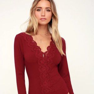 Lulus Come Back To You Wine Red Lace Long Sleeve Bodysuit in Wine Red